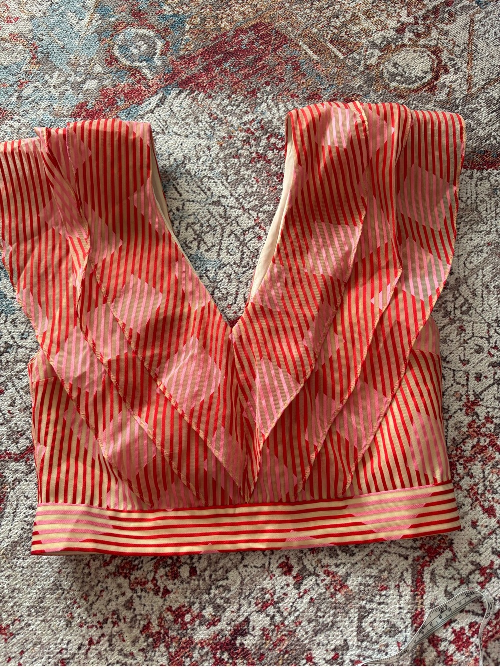 Alice + Olivia Red and Pink Striped V-Neck Crop Top